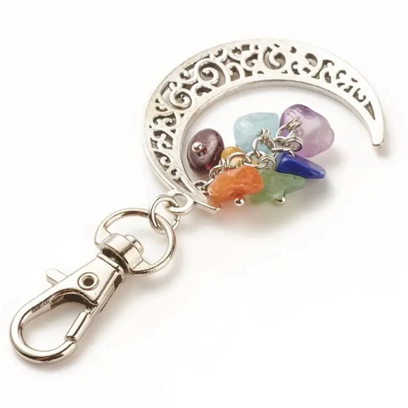 BAG CHARM Silver Tone Crescent Moon with Multicolor Dangling Stones - Picture 2 of 4